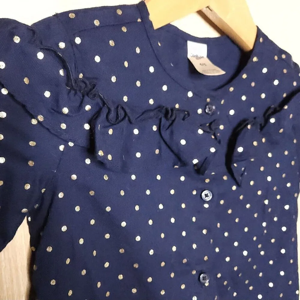 Osh Kosh Girls Navy Blue Metallic Gold Polka-dot Tunic 4-5